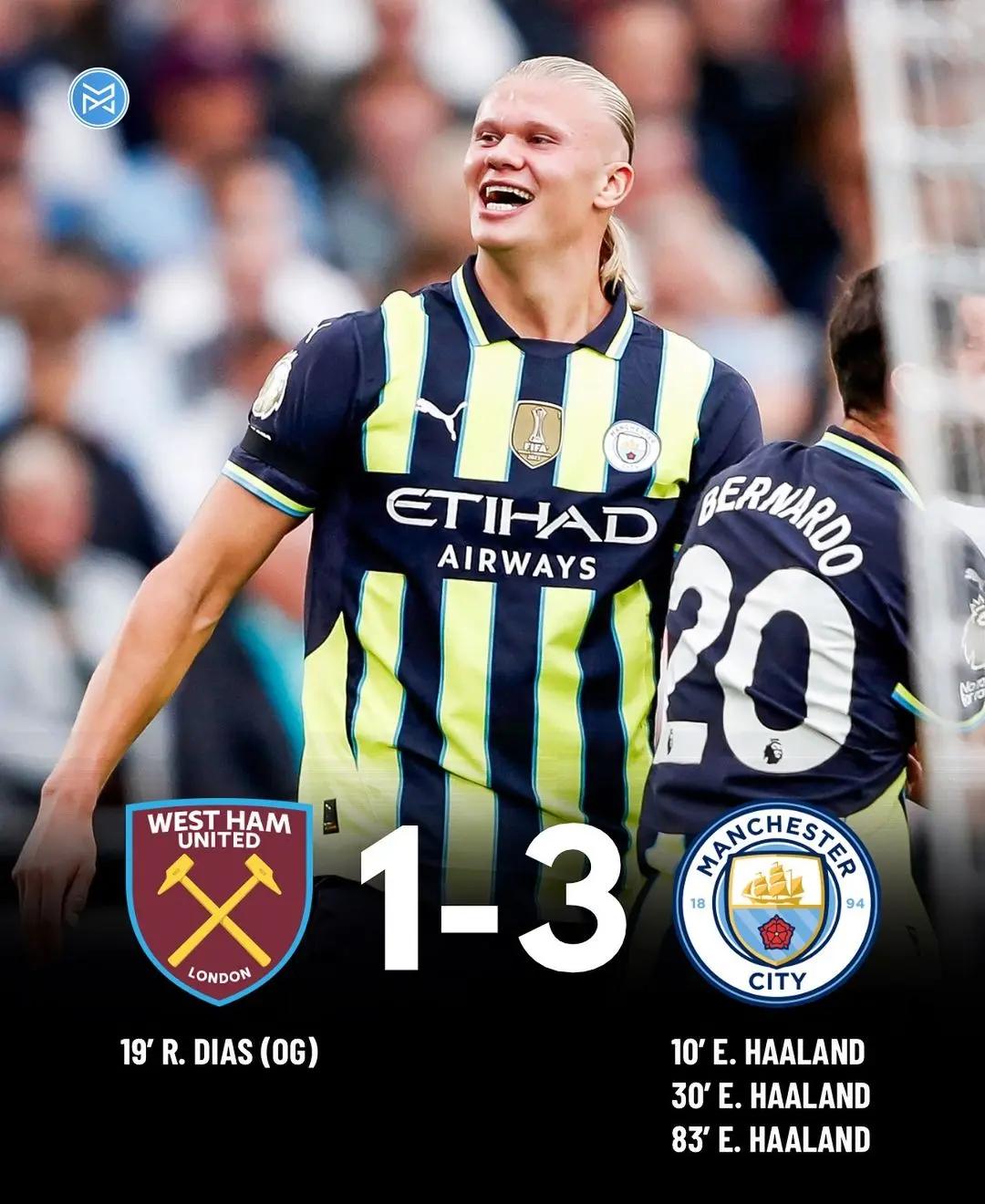 曼城主场告捷，斯特林上演帽子戏法